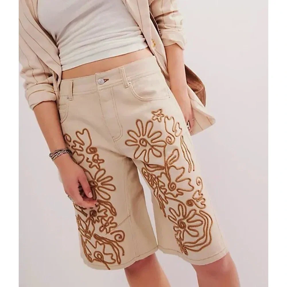 Free People Cruisin Soutache Long Jean Shorts Cream 32